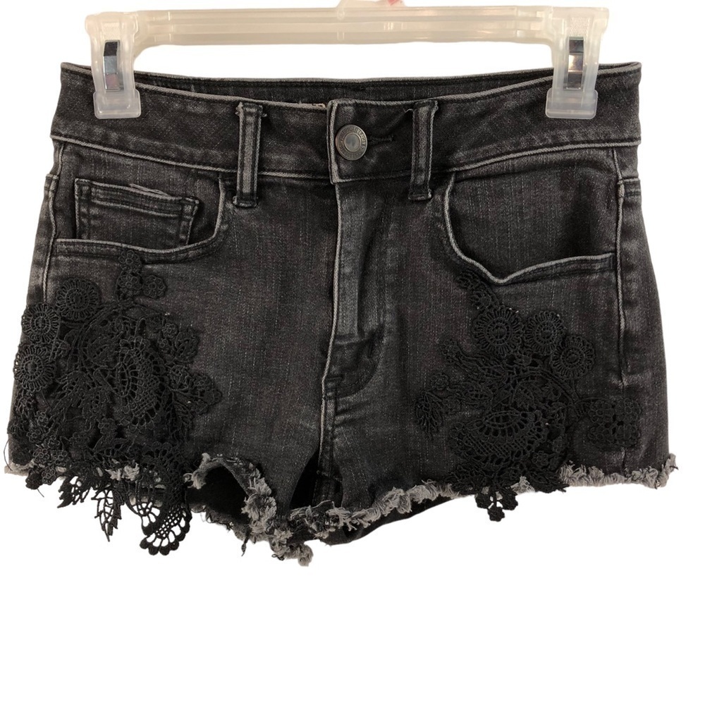 Y2K American Eagle Hi Rise Shortie Shorts Crochet Hem Sz 26 Festival Boho Casual
